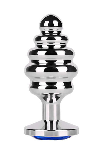 Classic Stainless Steel Ribbed Butt Plug with Sparkly Jewel Base