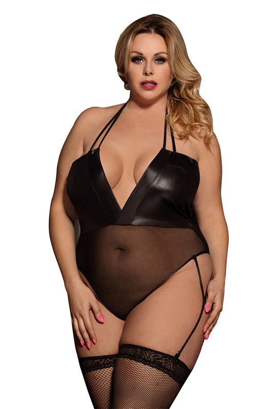 Plus Size Faux Leather Lace Spliced Halter Neck Bodysuit