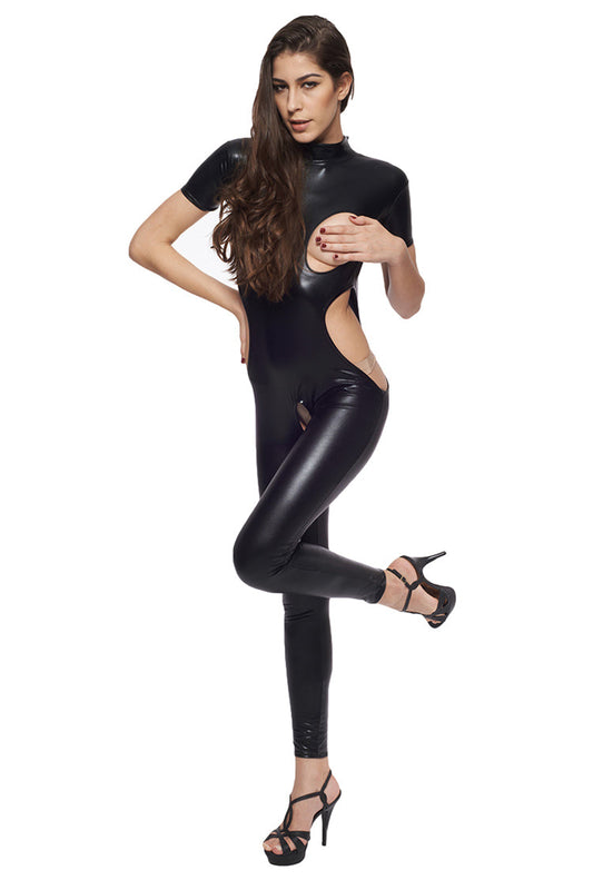 Crotchless Tights Wet Look Open Bra Bodysuit