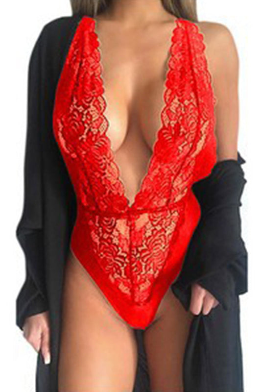 Deep V Neck Backless Lace Bodysuit