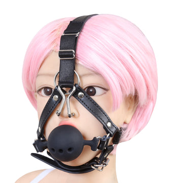Black Ball Gag Adjustable Leather Head Harness