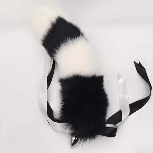 Black White Furry Stainless Steel Fox Tail Butt Plug