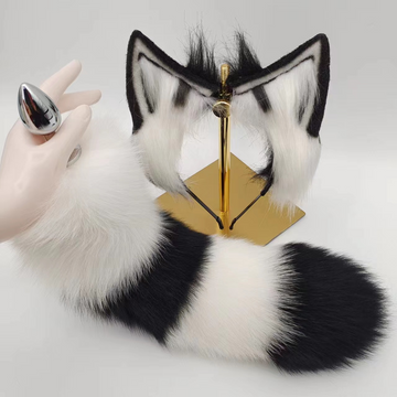 White Black Metal Furry Animal Fox Tail Butt Plug