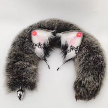 Stainless Steel Grey Fox Tail Butt Plug
