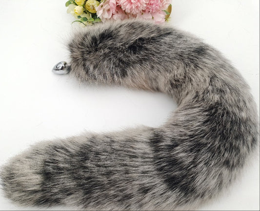 Stainless Steel Grey Fox Tail Butt Plug