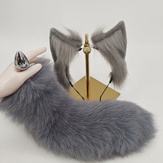 Grey Furry Metal Fox Tail Butt Plug