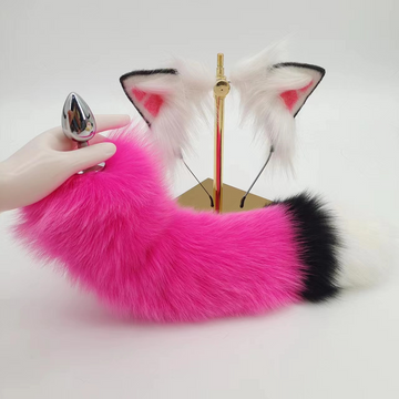 Pink Three Flower Metal Fox Tail Butt Plug