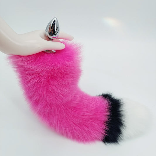 Pink Three Flower Metal Fox Tail Butt Plug
