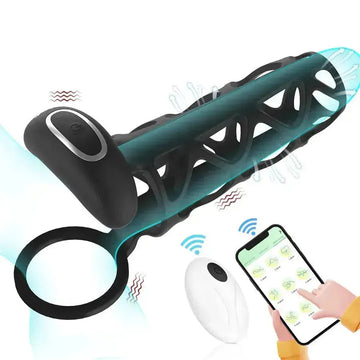 Black Opening App Vibrating Penis Sleeve