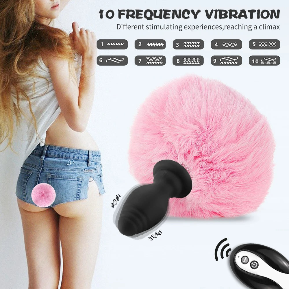 Fluffy Vibrating Bunny Tail Butt Plug