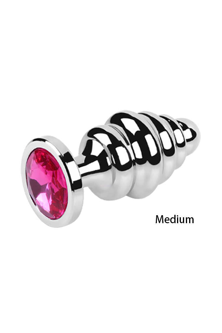 Classic Stainless Steel Ribbed Butt Plug with Sparkly Jewel Base