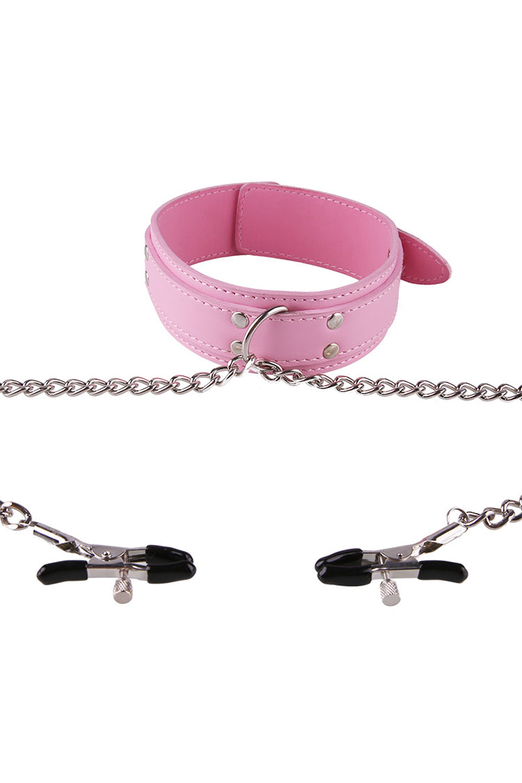 Pink Leather BDSM Collar with Nipple Clamps Set