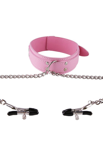 Pink Leather BDSM Collar with Nipple Clamps Set