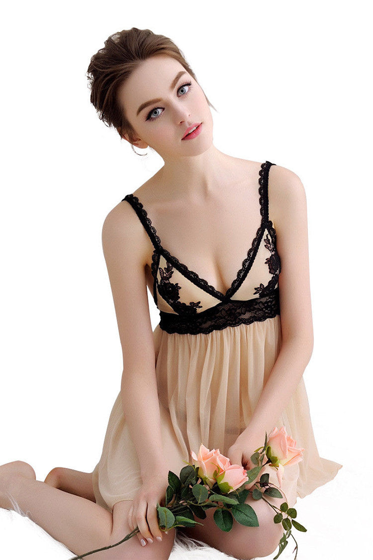 V-Neck Lace Babydoll Lingerie and G-String