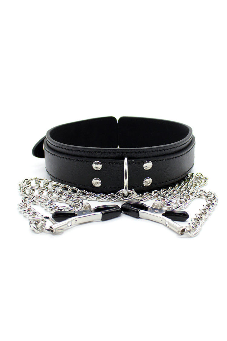 Leather Collar with Nipple Clamps