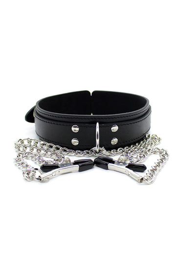 Leather Collar with Nipple Clamps