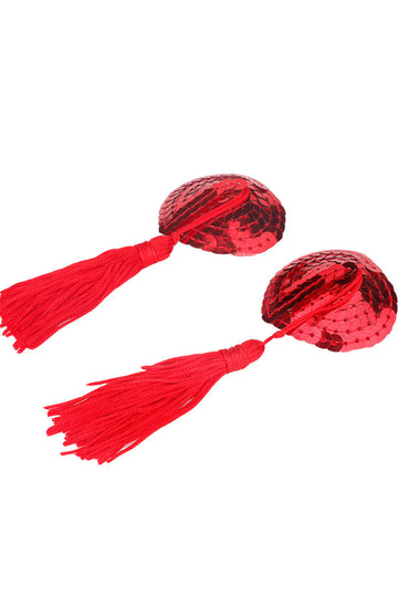 Heart Shaped Sequin Nipple Pasties with Tassel Red Black