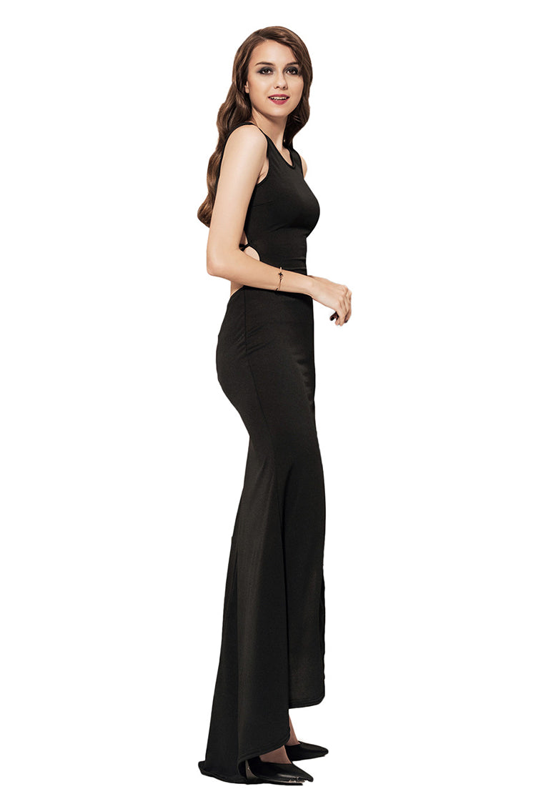 Scoop Neck Sleeveless Side Slit Lace Up Maxi Dress