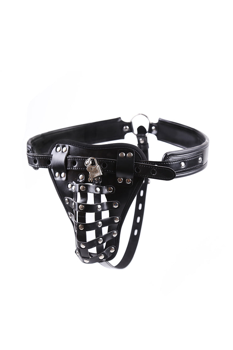 Male Studs Buckle Pouch Thong with Lock Cage