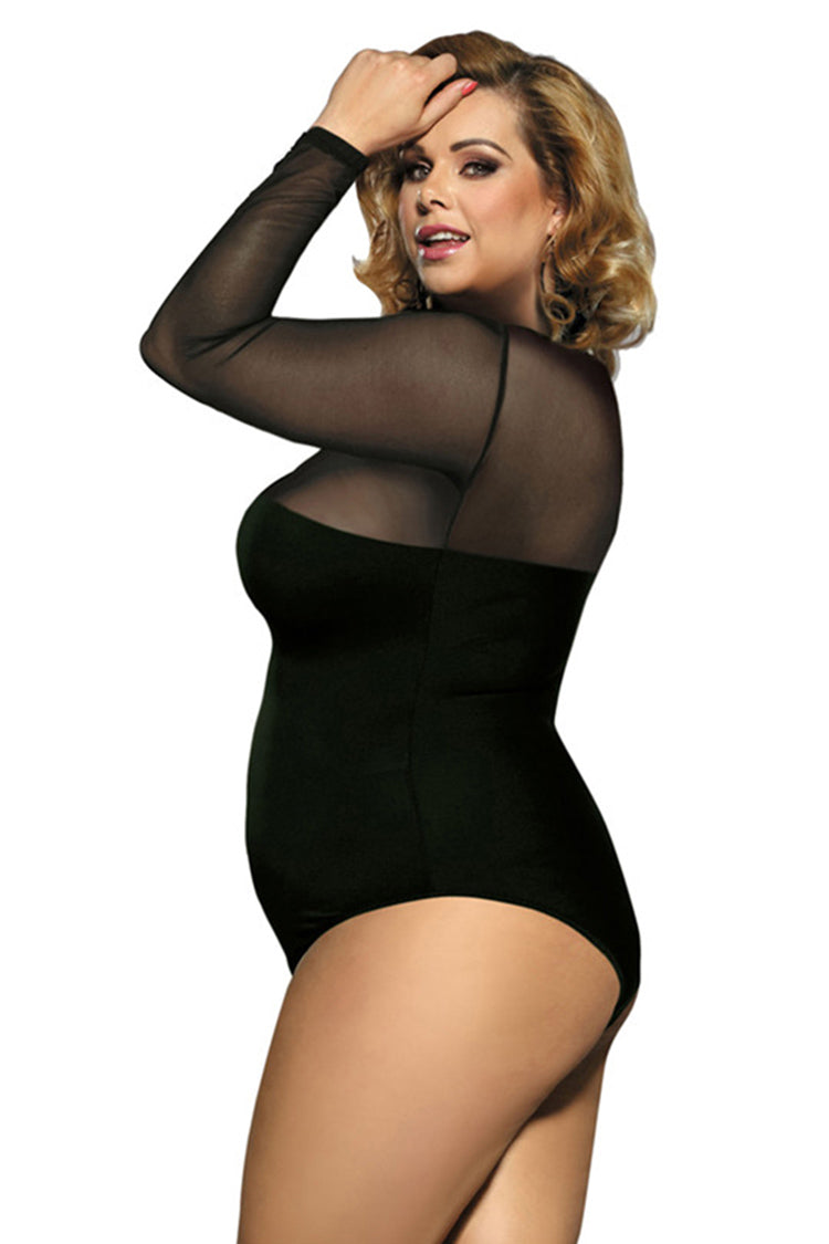 Plus Size Black Mesh Long Sleeve Bodysuit – Sheer Panel Scoop Neck