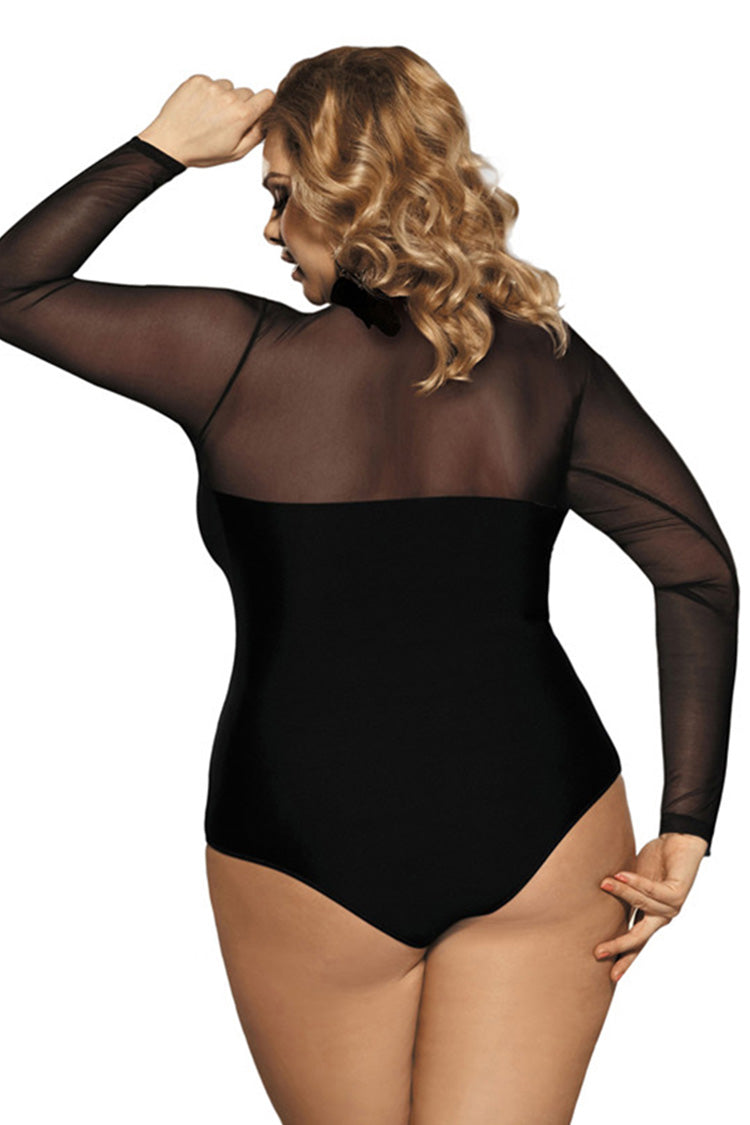 Plus Size Black Mesh Long Sleeve Bodysuit – Sheer Panel Scoop Neck