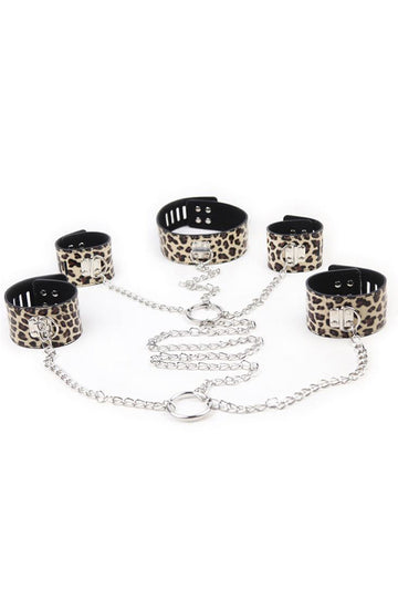 Leopard Printed BDSM Collar with Wrist and Ankle Cuffs