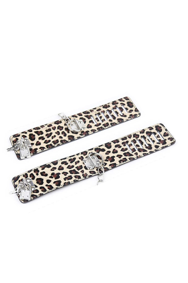 Leopard Full Set Metal Hardware Collar with Wrist & Ankle Cuffs