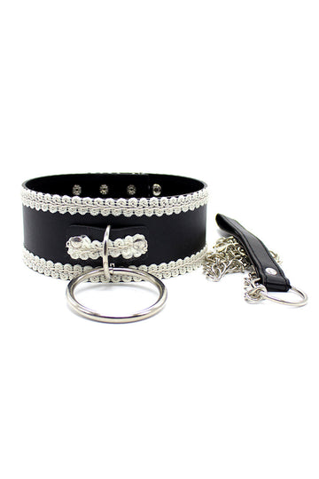 Leather BDSM Collar and Chain Leash Set