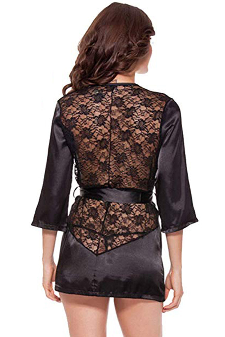 Short Satin Lace Robe Nightwear With Waist Satin Tie