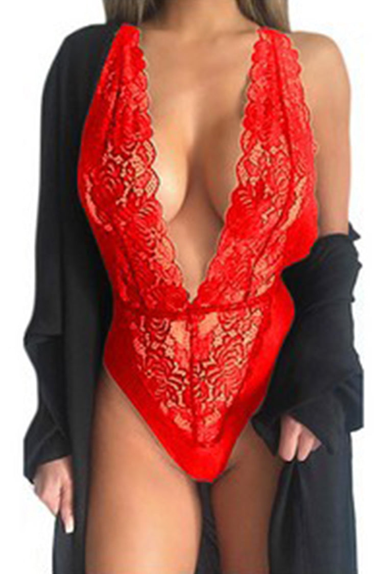 Deep V Neck Backless Lace Bodysuit