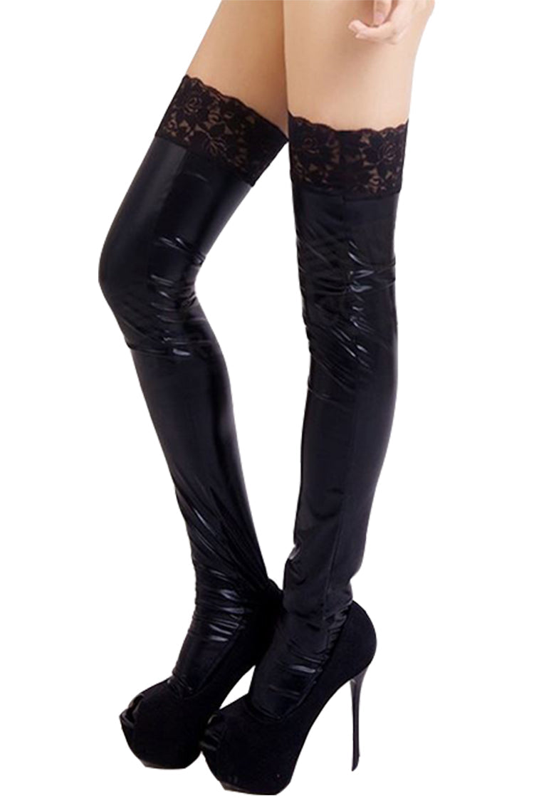 Wet Look Thigh-Highs Stocking Black