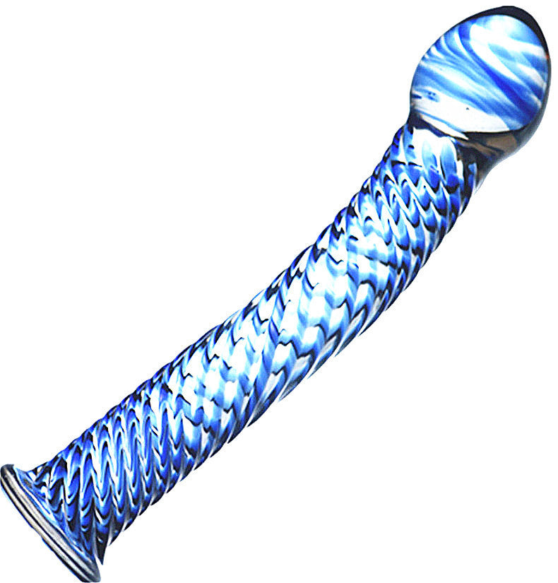 7 Inch Blue Threaded Curved Glass Dildo