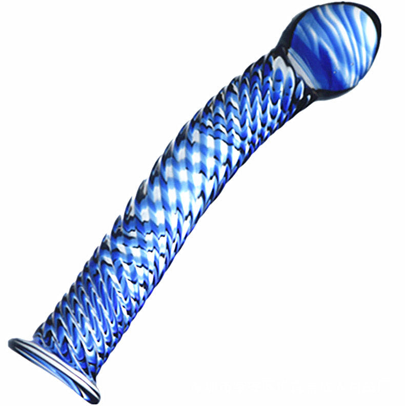 7 Inch Blue Threaded Curved Glass Butt Plug