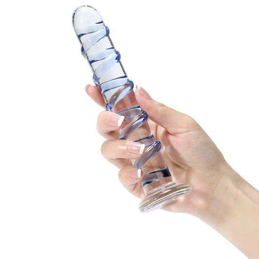 7 Inch Blue Textured Glass Dildo