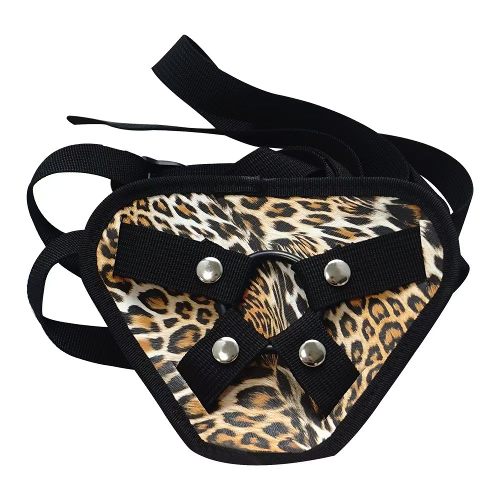 Leopard Print Removable Three Ring Strap On Harness