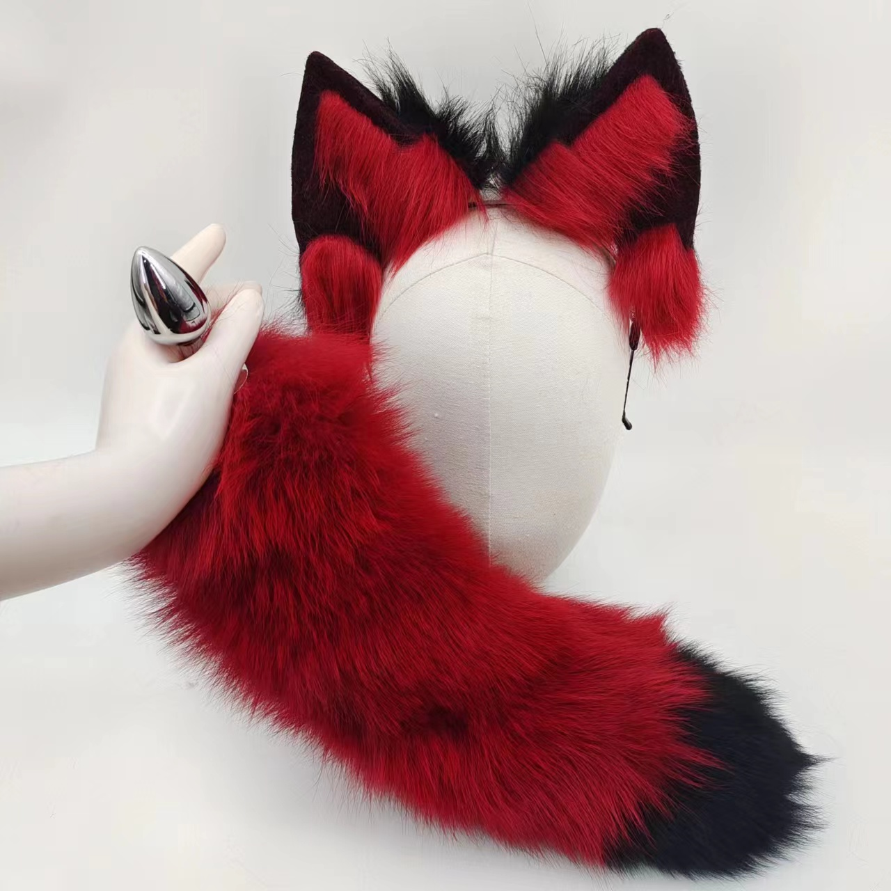 Deep Red Furry Metal Fox Tail Butt Plug