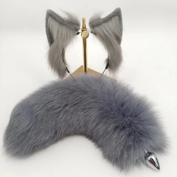 Grey Furry Metal Fox Tail Butt Plug