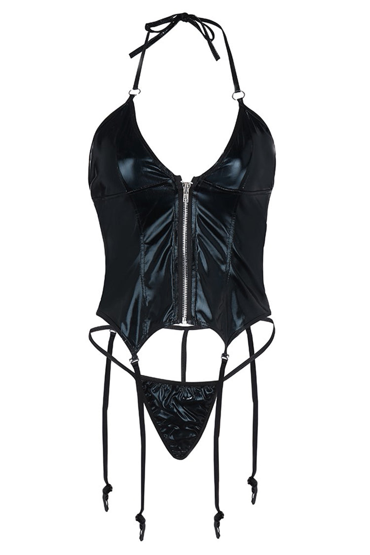 Erotic Costumes Babydoll Sexy Leather Lingerie Women Zipper Sexy Underwear Thong With Garter Lenceria Set Porno Teddy Sex Corset