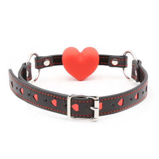 Adjustable Black PU Red Heart Ball Gag