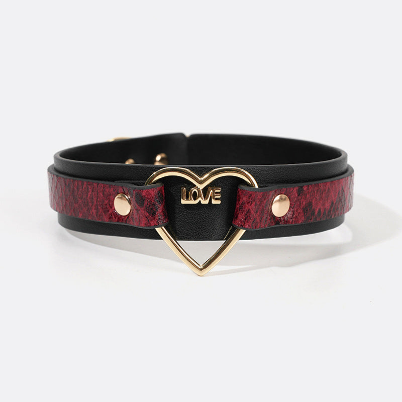Red Snake Pattern Leather BDSM Collar