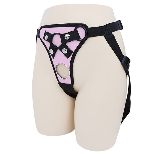 Pink Leather Double Penetration Strap On Harness