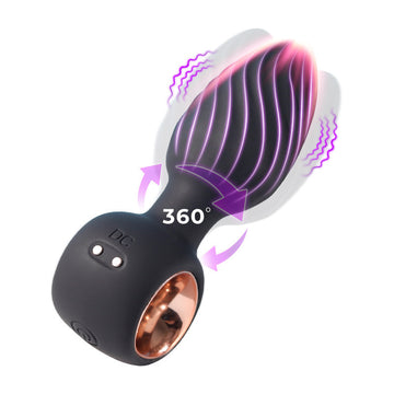 Black Threaded Textured 360° Rotating Vibrating Butt Plug