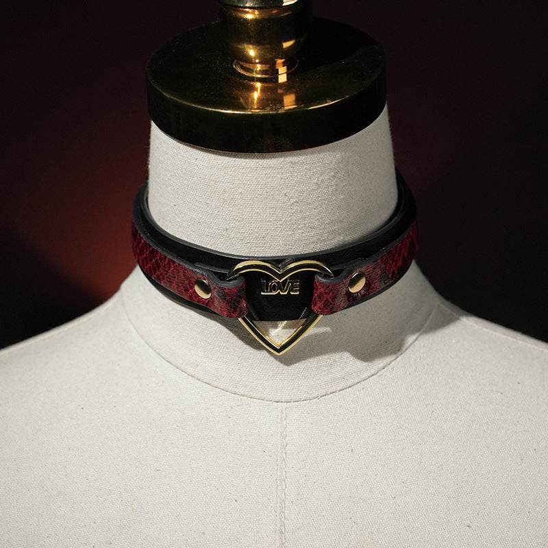 Red Snake Pattern Leather BDSM Collar